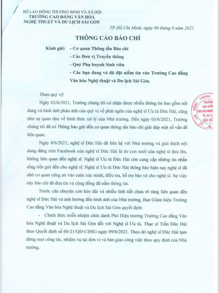 Miễn nhiệm chức vụ Phó Hiệu trưởng của NSƯT Đức Hải Nghệ sĩ Đức Hải bị miễn nhiệm chức vụ Phó Hiệu trưởng - 2