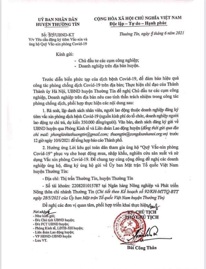 Hà Nội: Thêm một huyện thu hồi văn bản tiêm vaccine COVID-19 phải trả phí - 1