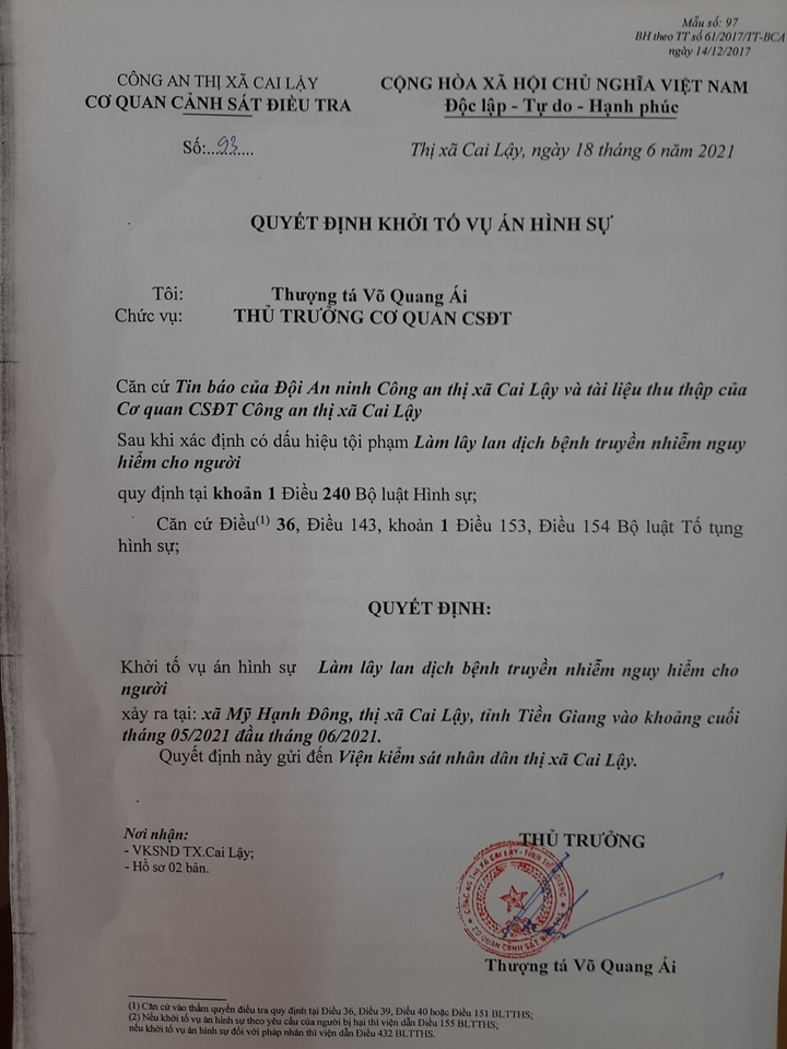 Khởi tố vụ án hình sự làm lây lan dịch bệnh ở thị xã Cai Lậy - 1