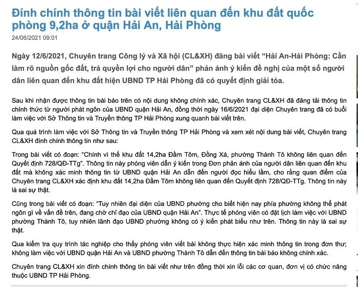 Đăng tin sai sự thật về khu đất ở Hải Phòng, Báo Công lý bị phạt 55 triệu đồng - 1