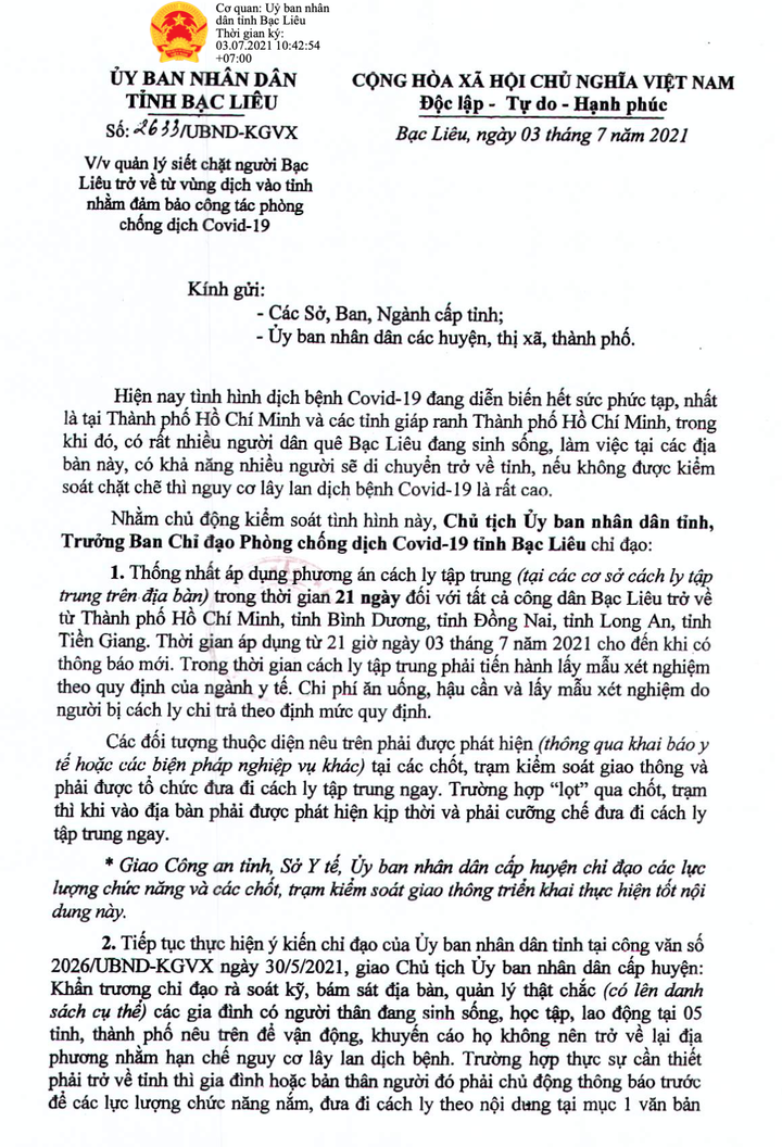 Từ 3/7, người từ vùng dịch về Bạc Liêu phải cách ly tập trung 21 ngày - 2