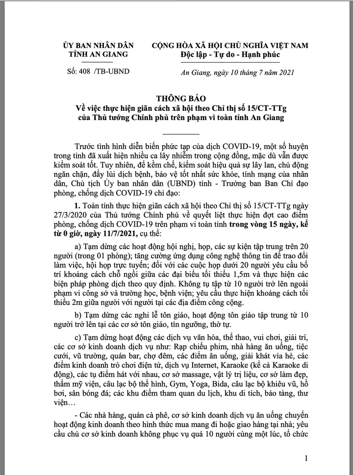 Từ 11/7, An Giang giãn cách xã hội theo Chỉ thị số 15 - 1