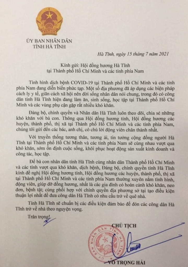 Chủ tịch Hà Tĩnh gửi tâm thư sẵn sàng đón bà con trở về từ TP.HCM - 1