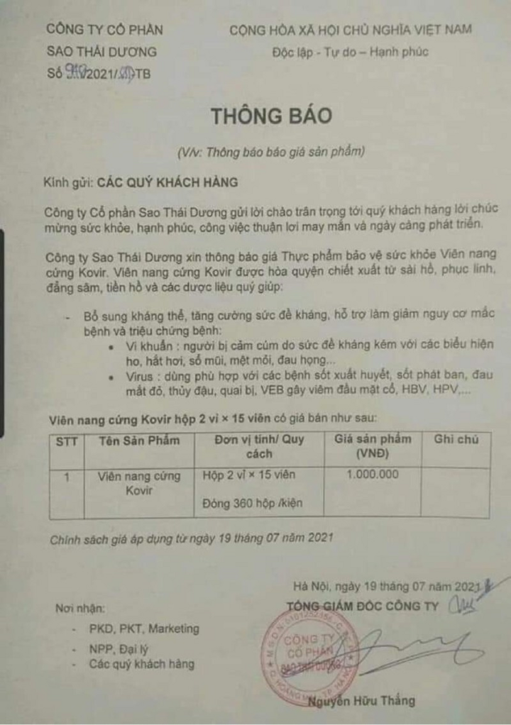 Bị tố tăng giá viên nang Kovir gấp nhiều lần, công ty Sao Thái Dương lên tiếng - 2