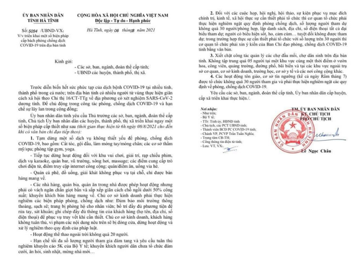 Hà Tĩnh tạm dừng một số dịch vụ không thiết yếu từ 6h ngày 8/8 - 2