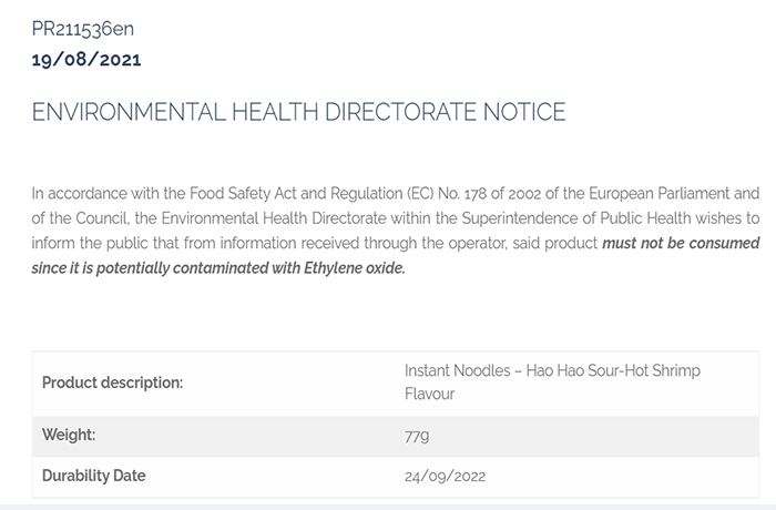 Malta cảnh báo người dân không sử dụng mỳ tôm chua cay Hảo Hảo - 1