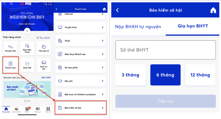 Hướng dẫn đóng tiếp BHXH tự nguyện, gia hạn thẻ BHYT qua ứng dụng của ngân hàng - 3