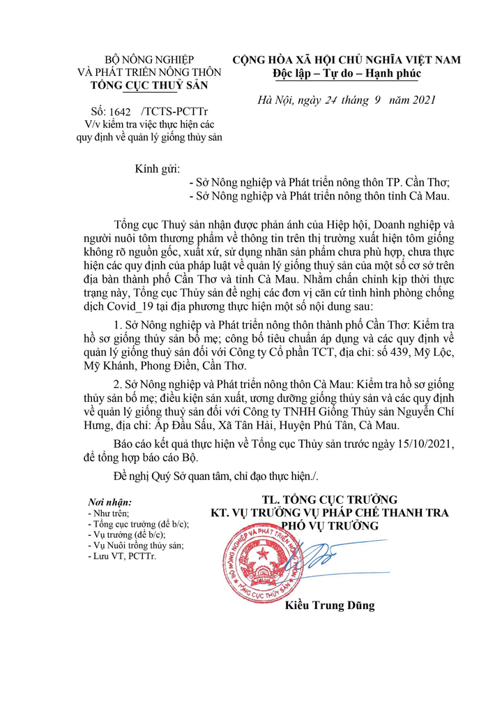 Tổng cục Thủy sản yêu cầu kiểm tra tôm giống của 2 công ty ở miền Tây - 1