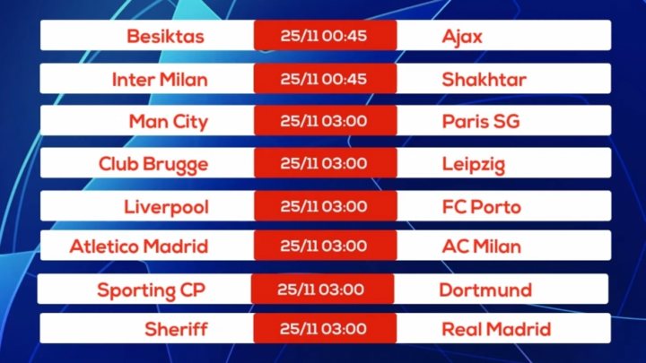 Lịch thi đấu bóng đá hôm nay 24/11 - 1