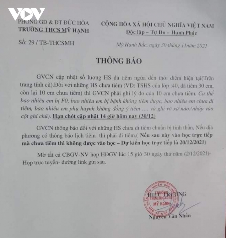 Long An thu hồi thông báo 'học sinh chưa tiêm vaccine thì không được đến trường' - 1