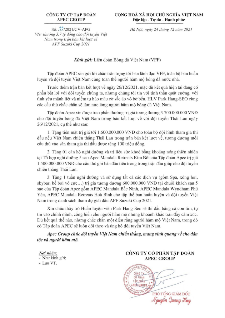 Tập đoàn APEC treo thưởng 3,7 tỷ đồng cho đội tuyển Việt Nam - 1