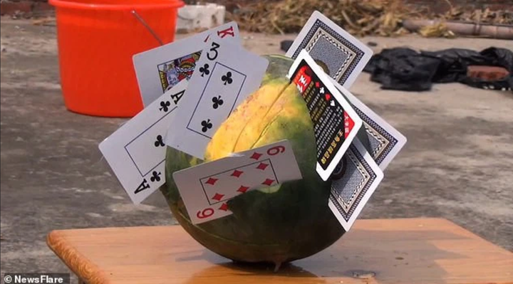 Cậu bé có biệt tài ‘thần sầu’: Phi bài cắt trái cây ngọt xớt, cắt xuyên cả gỗ - 1