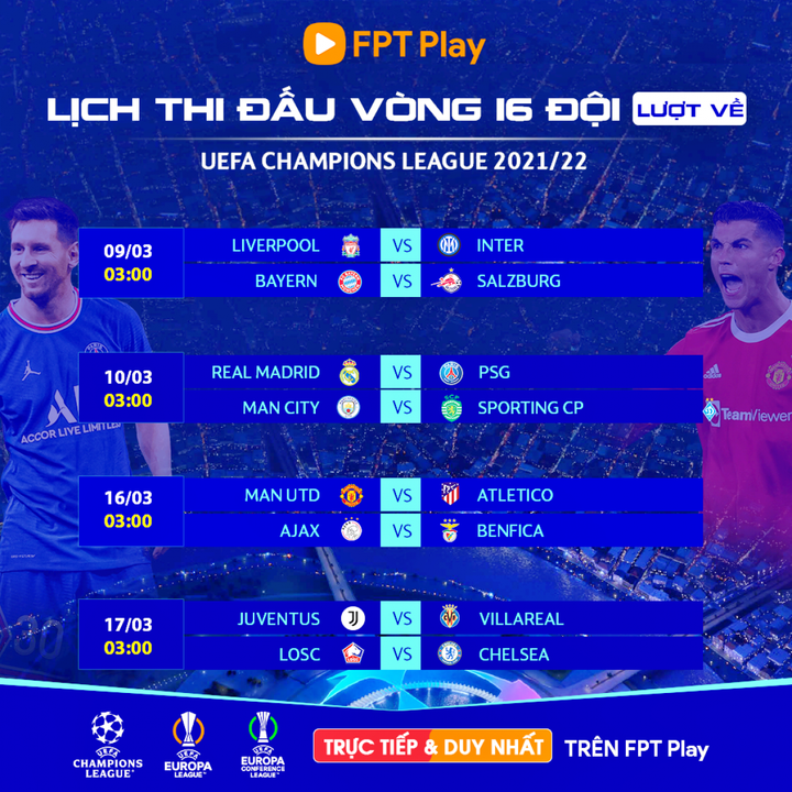 Lịch thi đấu bóng đá Champions League hôm nay 8/3 - 1