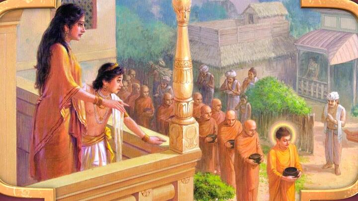 Công chúa Da Du Đà La và con trai trong ngày Đức Phật trở về kinh thành Ca Tỳ La Vệ lần đầu tiên sau khi thành đạo.