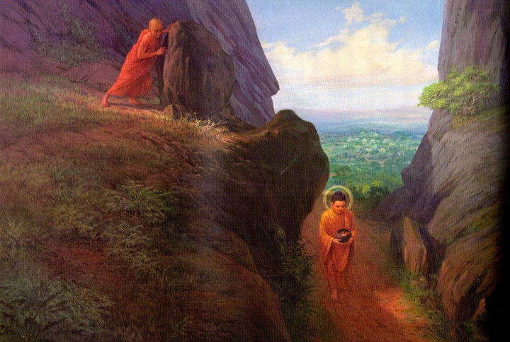 Đề Bà Đạt Đa lăn tảng đá lớn để sát hại Đức Phật.