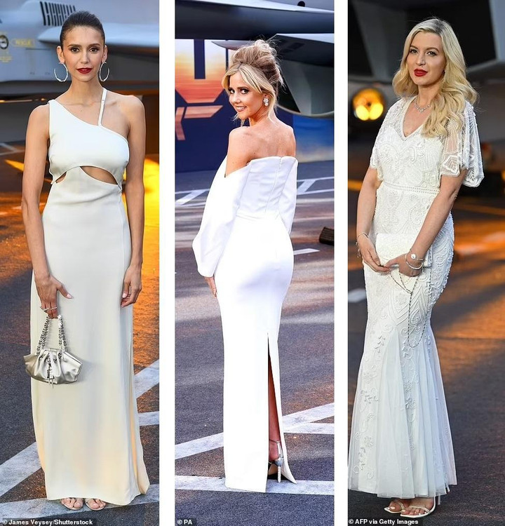 Từ trái qua phải: Ngôi sao "Nhật ký ma cà rồng" Nina Dobrev, ca/nhạc sĩ Charlotte Awbery và MC Victoria Brown đều chọn váy trắng thanh lịch.