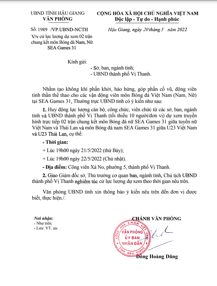 Chủ tịch Hậu Giang chỉ đạo thu hồi văn bản huy động cán bộ đi cổ vũ bóng đá - 1