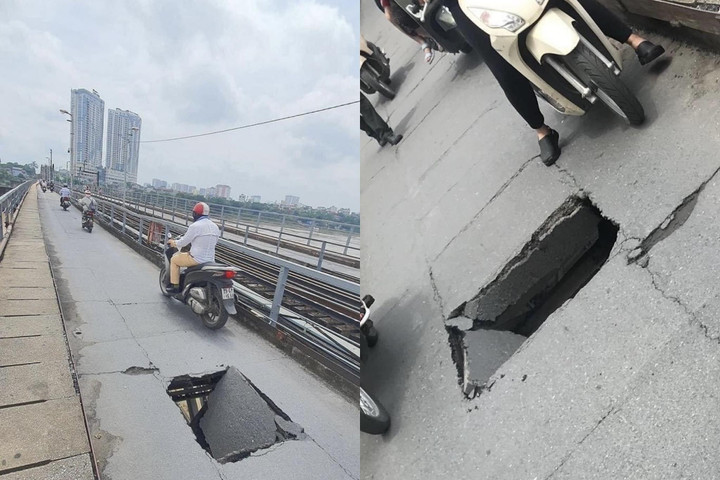 Cầu Long Biên lại xuất hiện lỗ thủng lớn, phải 'vá' khẩn cấp - 1
