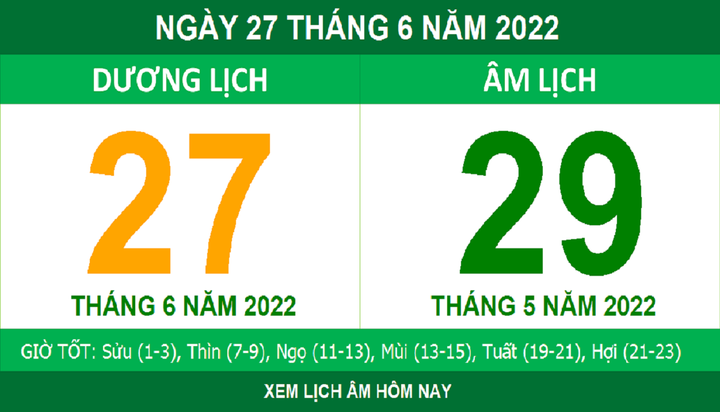 Lịch âm hôm nay thứ Hai ngày 27/6 - 1