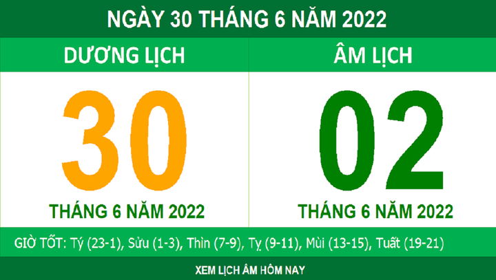 Lịch âm hôm nay thứ Năm ngày 30/6 - 1
