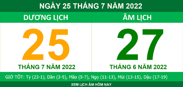 Lịch âm hôm nay thứ Hai ngày 25/7 - 1