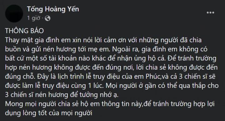 Gia đình 3 chiến sĩ PCCC không kêu gọi xin tiền phúng điếu trên mạng xã hội - 2