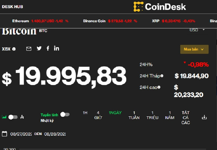Giá Bitcoin hôm nay 29/8: Giảm mạnh về dưới mốc 20.000 USD/coin - 1