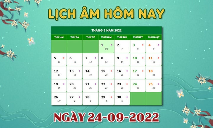 Xem lịch âm hôm nay thứ Bảy ngày 24/9 - 1