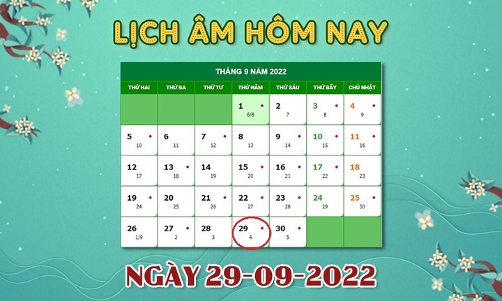 Xem lịch âm hôm nay thứ Năm ngày 29/9 - 1