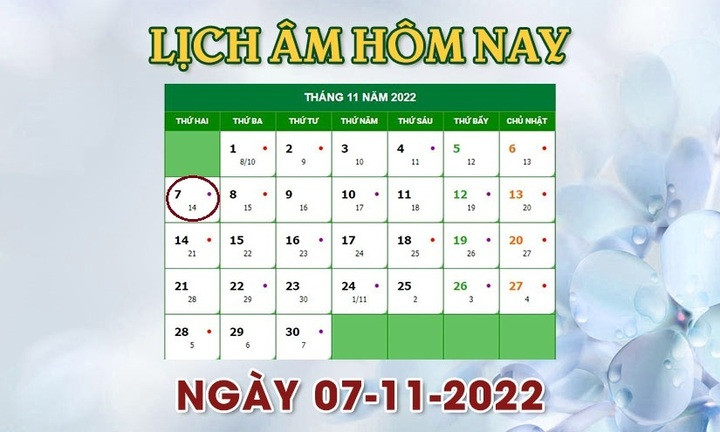 Lịch âm 7/11 - Tra cứu lịch âm hôm nay thứ 2 ngày 7/11/2022 - 1