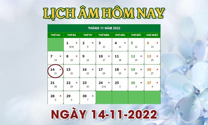 Lịch âm 14/11 - Tra cứu lịch âm hôm nay thứ 2 ngày 14/11/2022 - 1