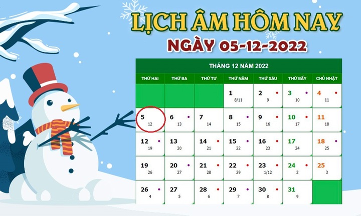 Lịch âm 5/12 - Tra cứu lịch âm hôm nay thứ 2 ngày 5/12/2022 - 1