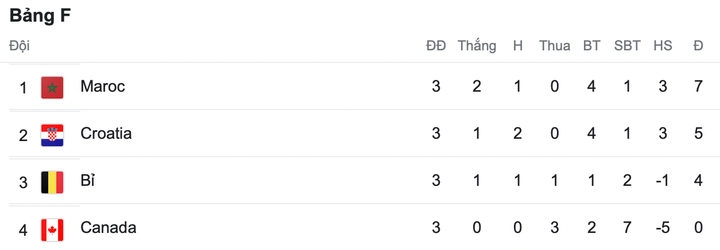 Bảng xếp hạng bảng F World Cup 2022: Đội tuyển Bỉ gây thất vọng - 1