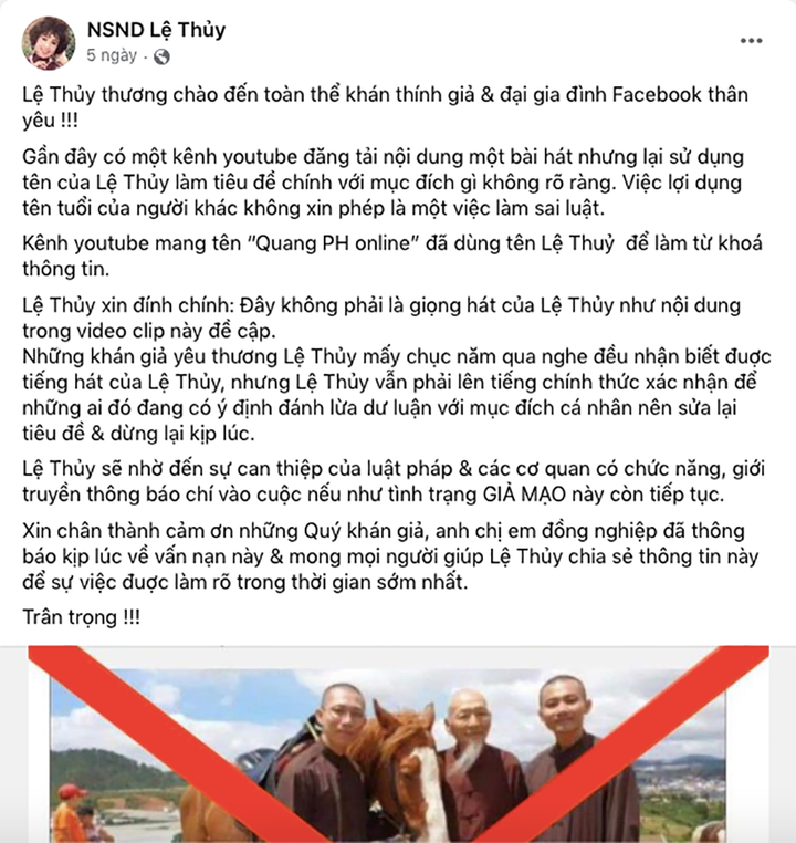 Bị giả mạo hát ca ngợi Tịnh thất Bồng Lai, NSND Lệ Thuỷ nhờ pháp luật can thiệp - 2