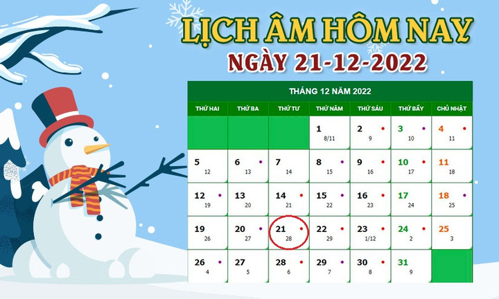 Lịch âm 21/12 - Tra cứu lịch âm hôm nay thứ 4 ngày 21/12/2022 - 1