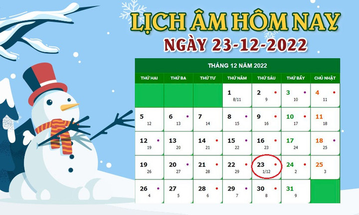 Lịch âm 23/12 - Tra cứu lịch âm hôm nay thứ 6 ngày 23/12/2022 - 1