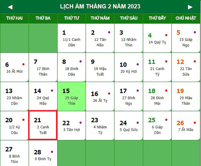 Lịch âm 21/2 – Âm lịch hôm nay 21/2 chính xác nhất - lịch vạn niên 21/2/2023 - 1