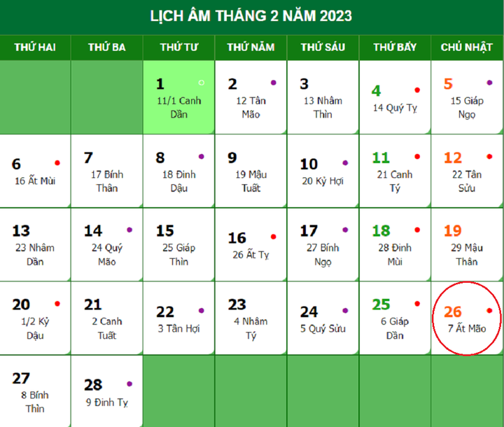 Lịch âm 26/2 - Tra cứu lịch âm hôm nay Chủ nhật ngày 26/2/2023 - 1
