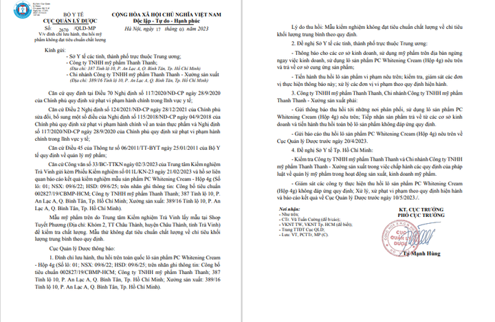 Không đạt tiêu chuẩn chất lượng, sản phẩm PC Whitening Cream bị 'tuýt còi' - 1