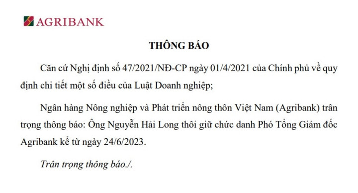 Agribank thông báo một Phó Tổng giám đốc thôi chức - 1