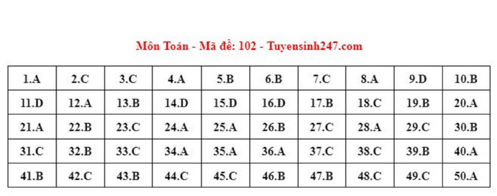 Gợi ý đáp án đề thi tốt nghiệp THPT 2023 môn Toán mã đề 102.