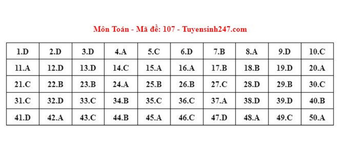 Gợi ý đáp án đề thi tốt nghiệp THPT 2023 môn Toán mã đề 107