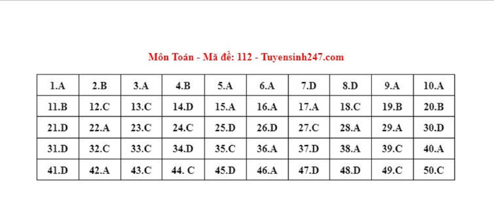 Gợi ý đáp án đề thi tốt nghiệp THPT 2023 môn Toán mã đề 112.