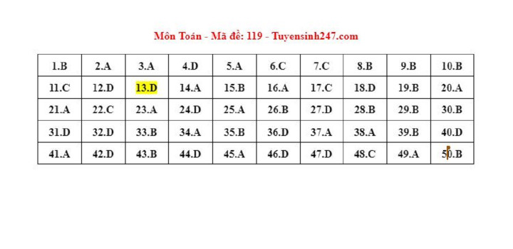 Gợi ý đáp án đề thi tốt nghiệp THPT 2023 môn Toán mã đề 119.