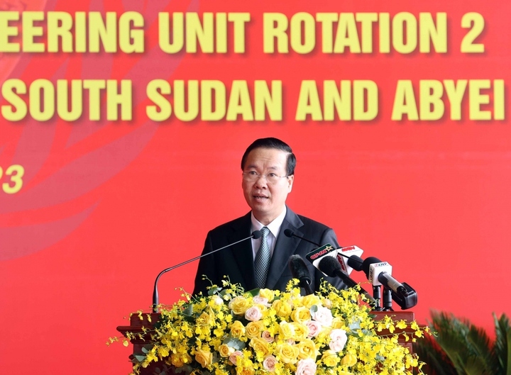 Chủ tịch nước Võ Văn Thưởng phát biểu tại lễ xuất quân. (Ảnh: VOV)