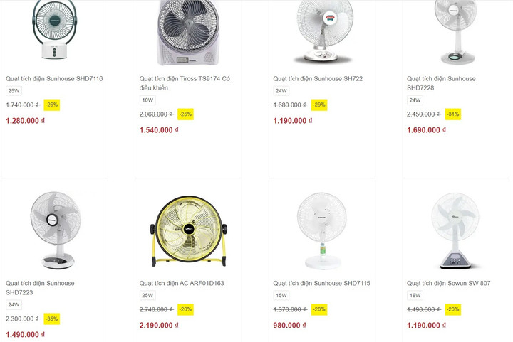 Nhiều hệ thống, siêu thị điện máy lớn cũng giảm giá sản phẩm quạt tích điện từ 20 - 40%. (Ảnh chụp màn hình)