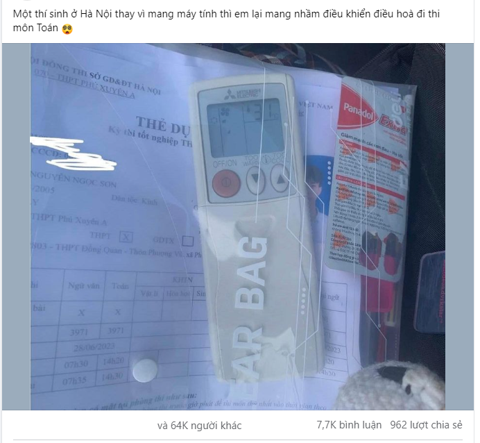 Hình ảnh thí sinh mang nhầm điều khiển điều hòa đi thi Toán tốt nghiệp THPT 2023 gây xôn xao mạng xã hội. (Ảnh chụp màn hình)