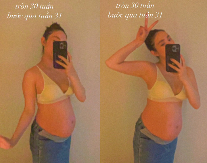 Minh Hằng mặc áo ngắn khoe trọn bụng bầu ở tuần 31.