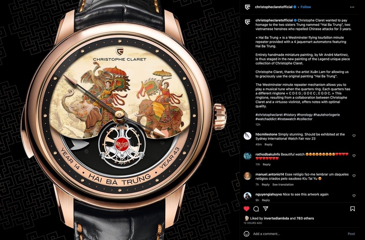 Thông báo về thiết kế đồng hồ của hãng Christophe Claret đã cập nhật tên tác giả tranh Xuân Lam. (Ảnh: FB Xuân Lam)