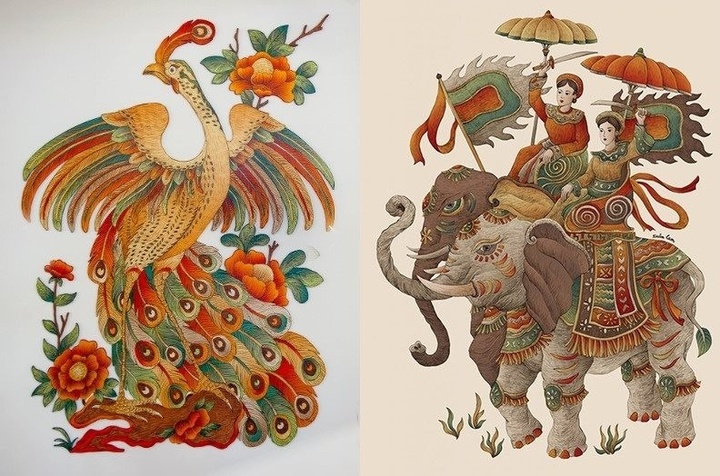 Tranh Thiên hạ thái bình và Hai Bà Trưng của họa sĩ Xuân Lam.